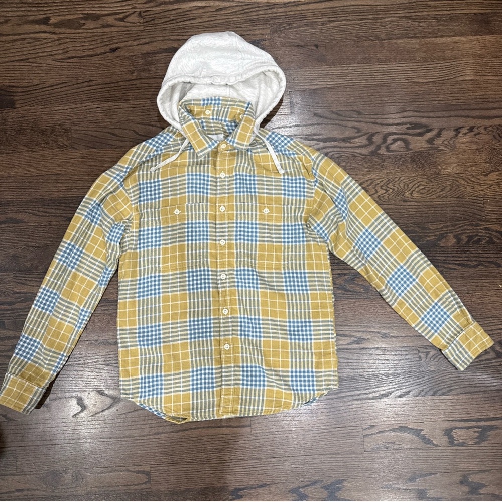 American Eagle Button Up Flannel LS Shirt Chest Pockets Removable Hood Men Sz S